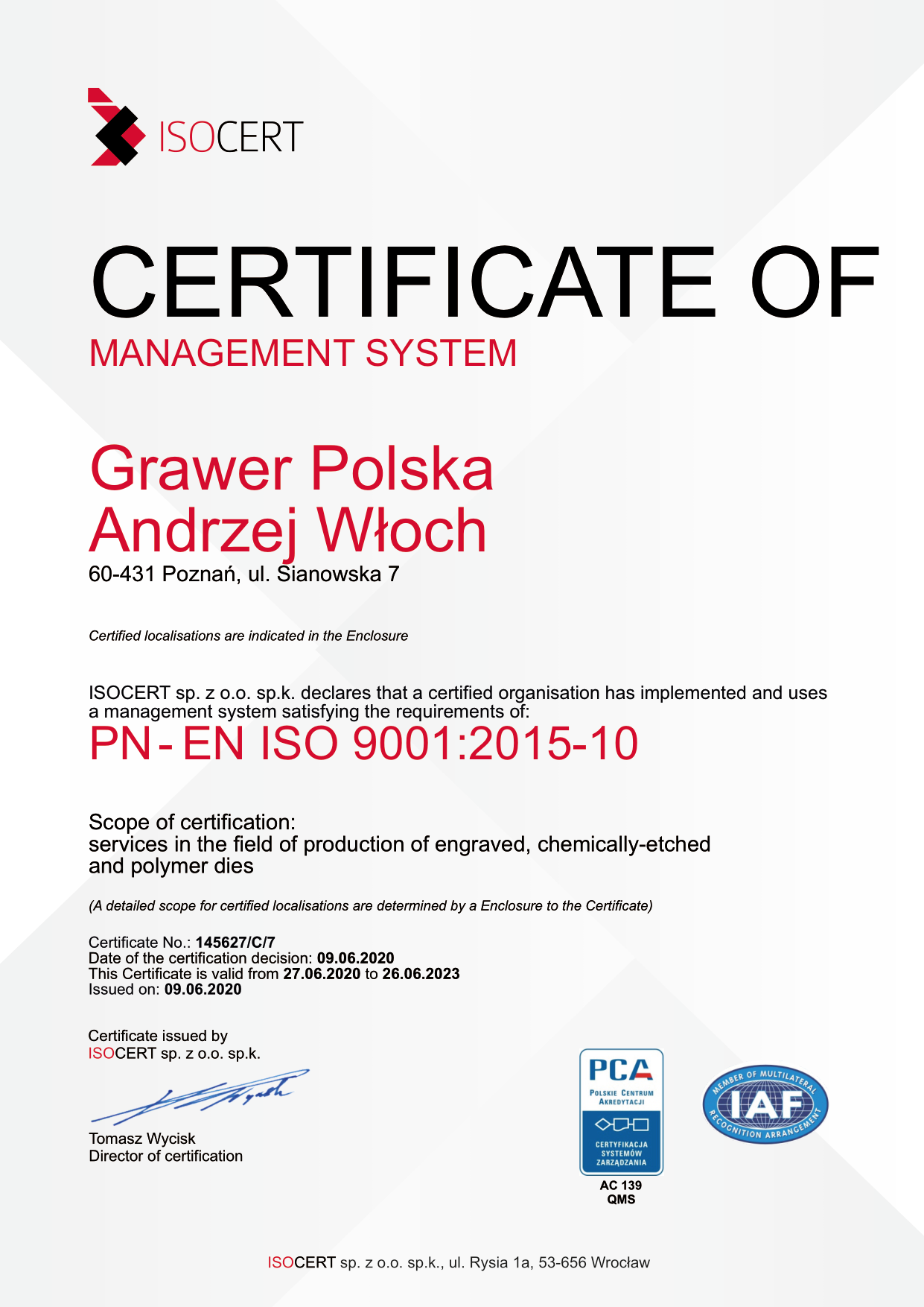 certificate of management system Grawer Polska
